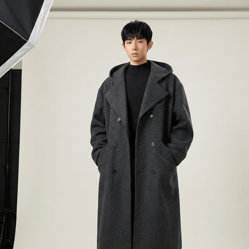 Hooded Double-Breasted Wool Blend Trench Coat