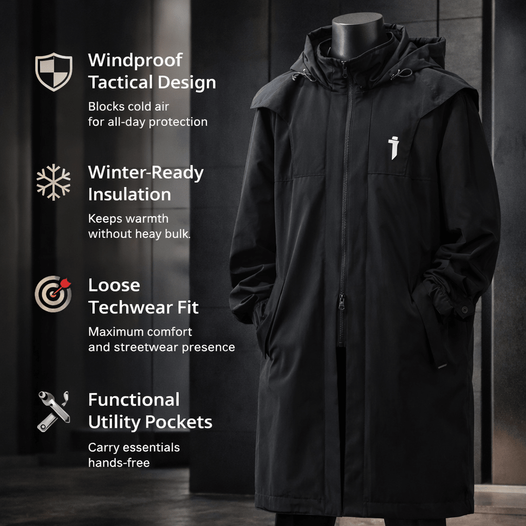Lange taktische Techwear-Trenchjacke für Herren – Wintermantel