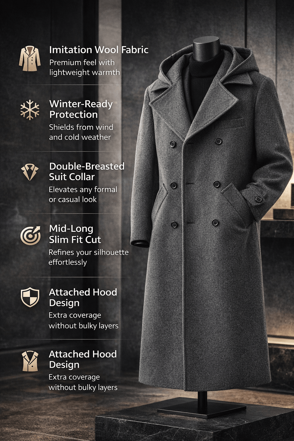 Hooded Double-Breasted Wool Blend Trench Coat