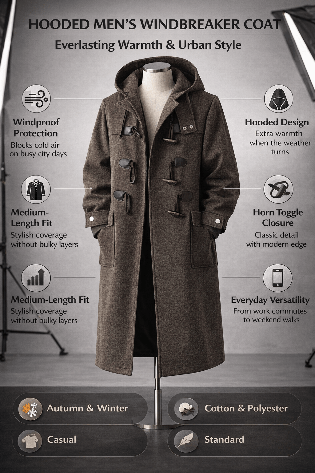 Herren-Trenchcoat mit Kapuze als Windbreaker