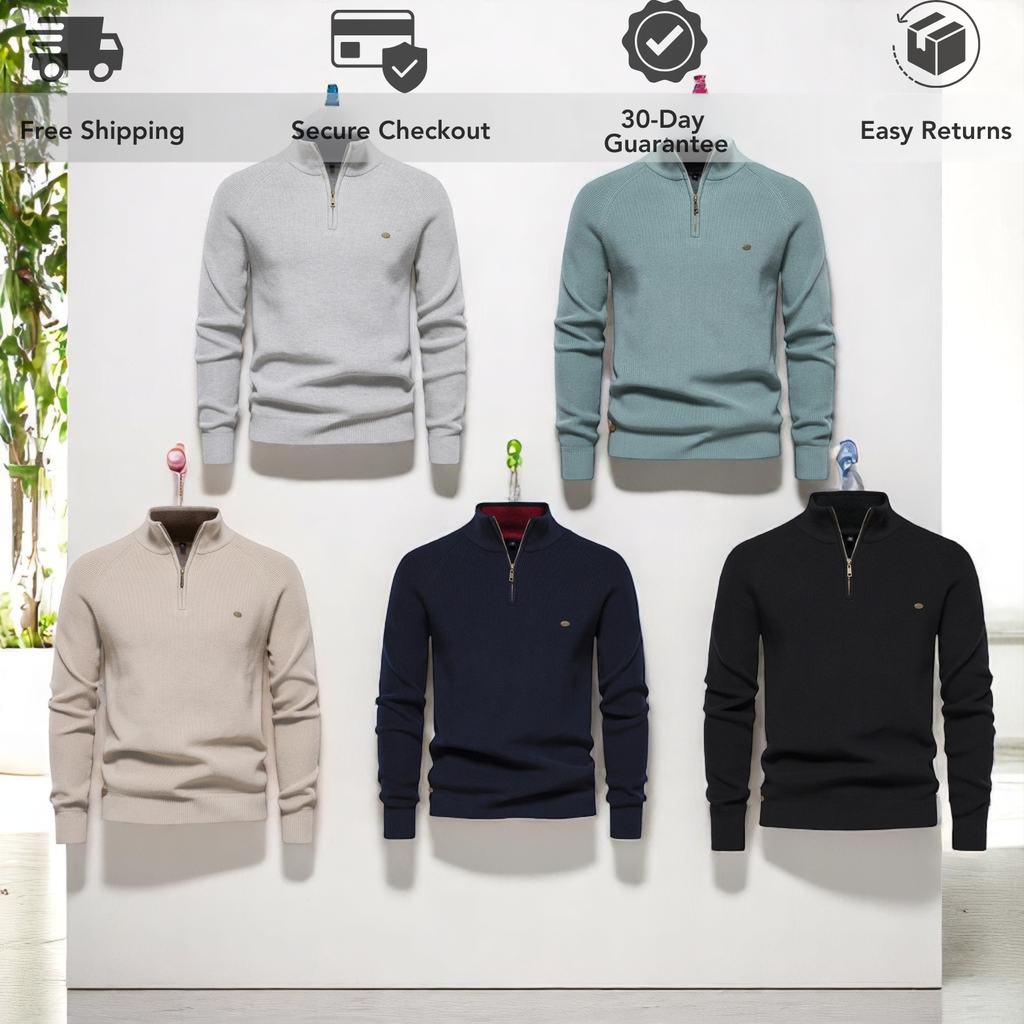 Men's Full-Zip High-Neck Cotton Cardigan