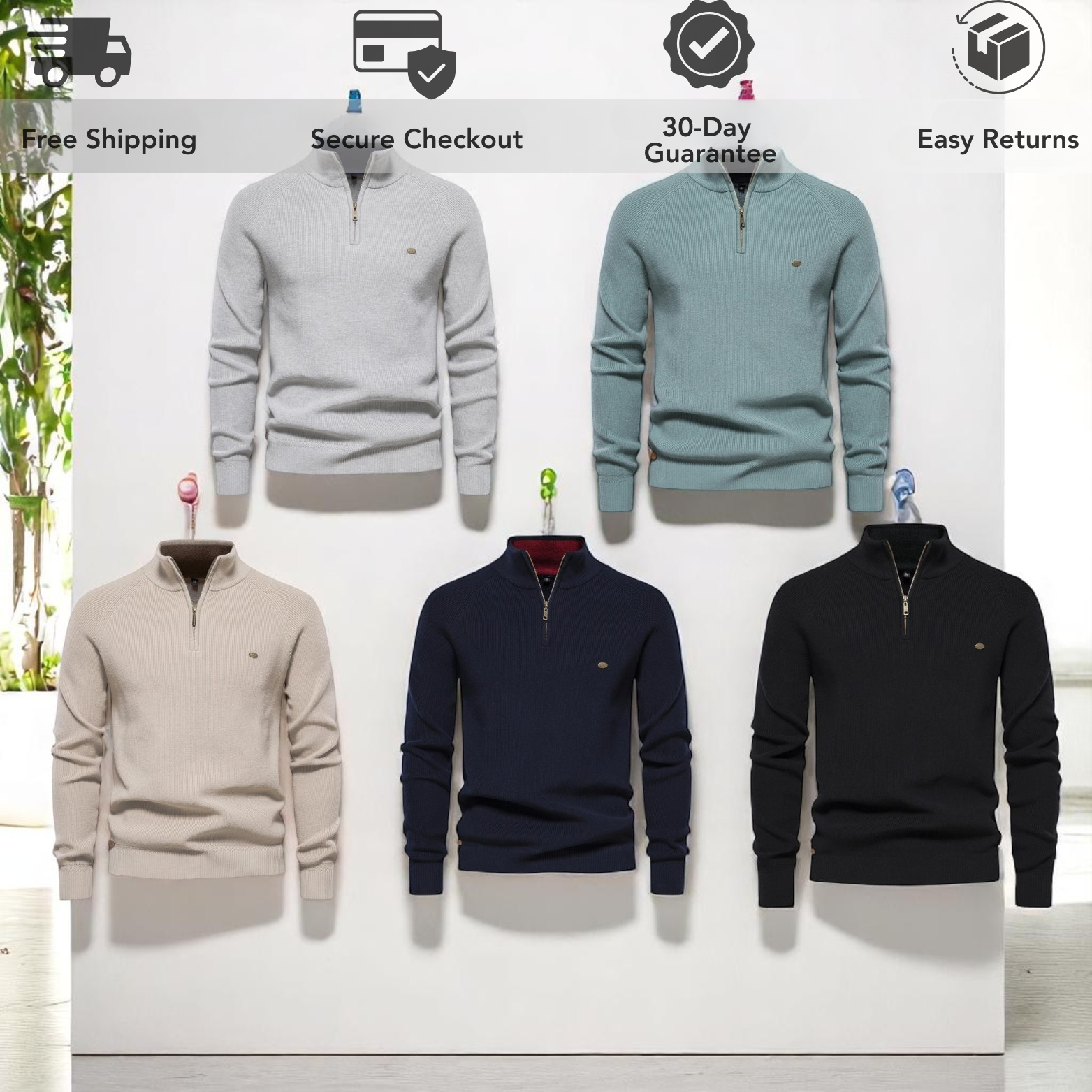 Men's Full-Zip High-Neck Cotton Cardigan