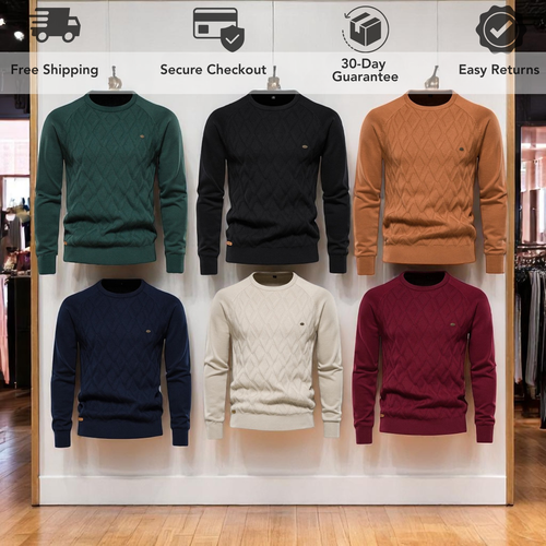 Gestrickter Herren-Pullover mit Argyle-Muster und Rundhalsausschnitt