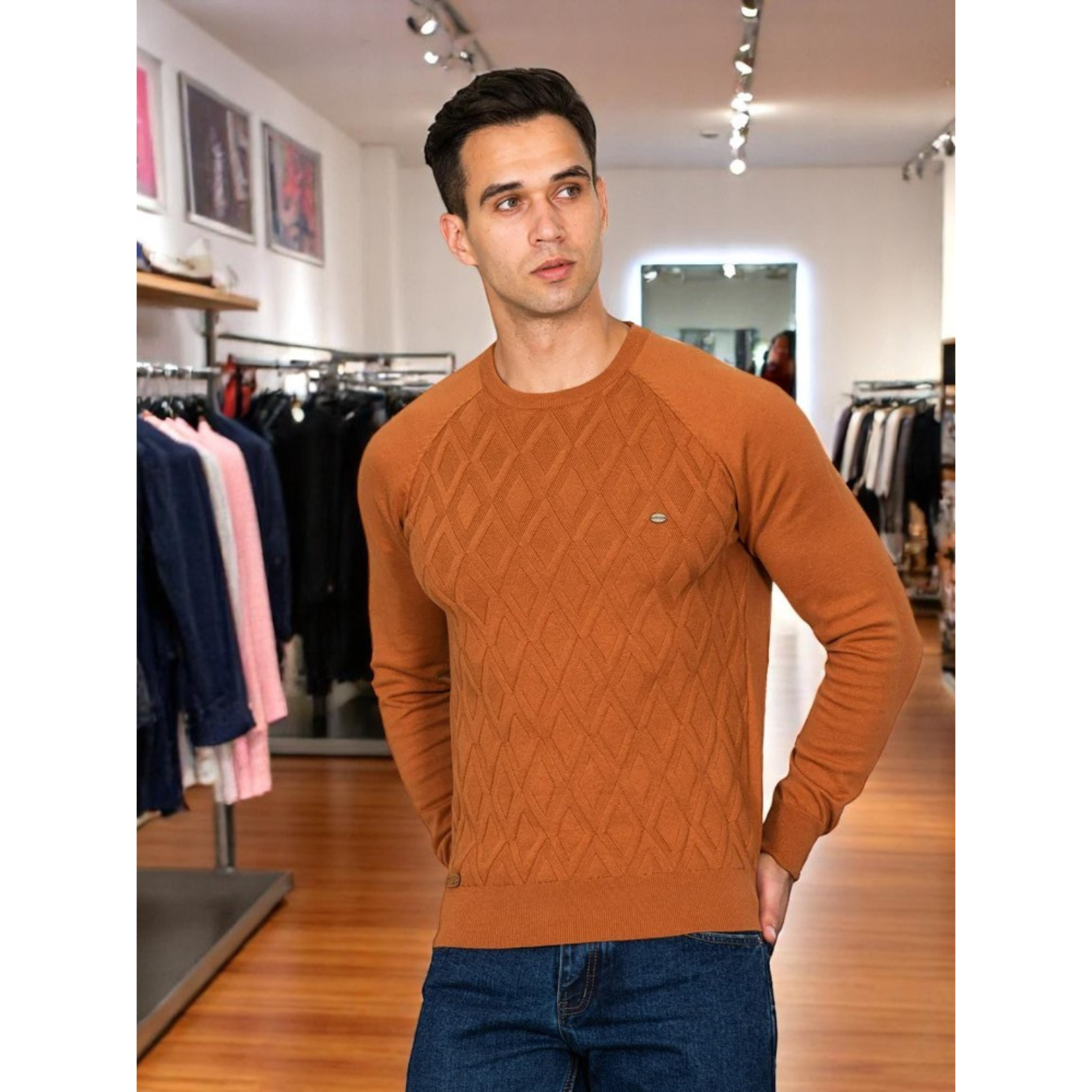 Gestrickter Herren-Pullover mit Argyle-Muster und Rundhalsausschnitt