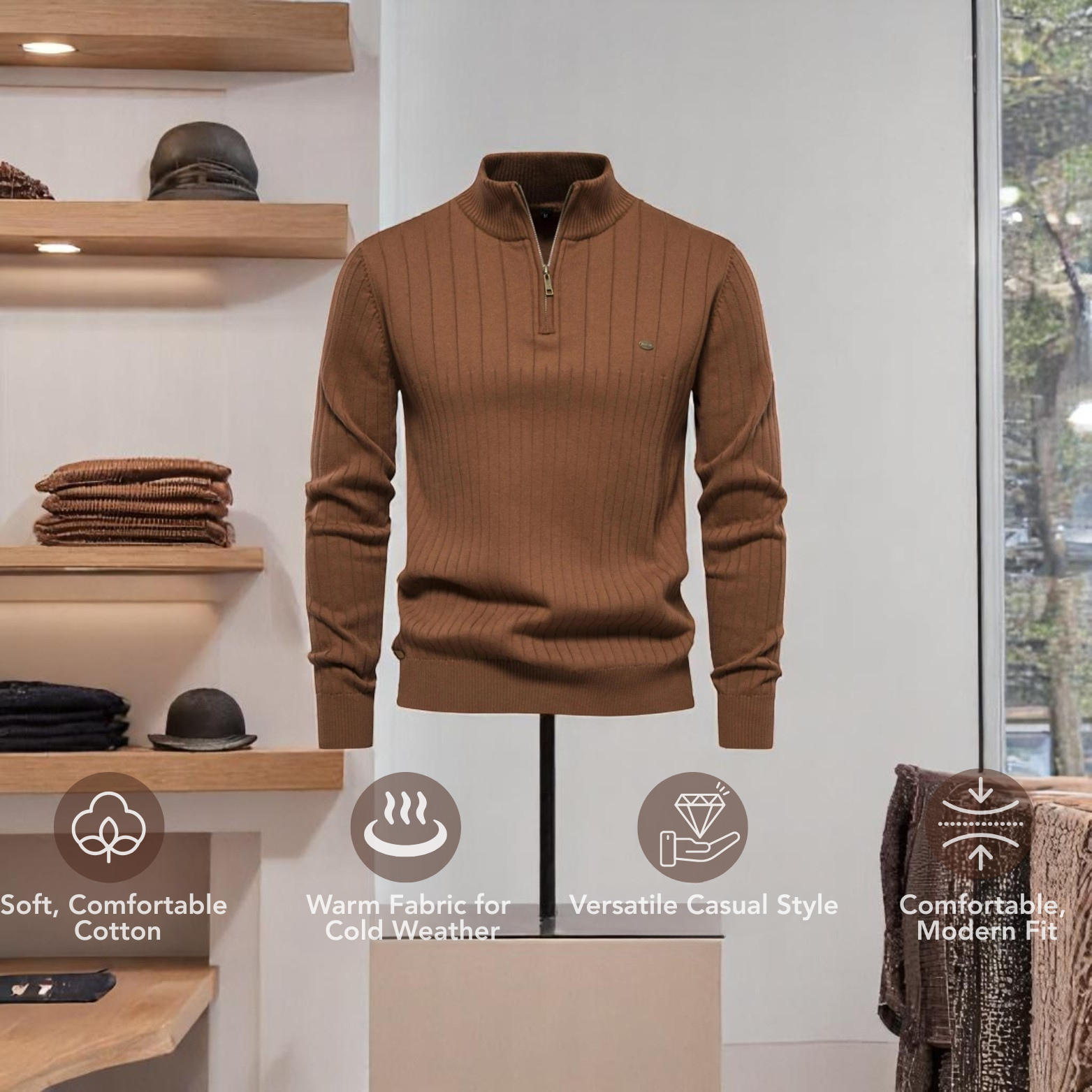Men's Quarter-Zip High-Collar Knit Sweater