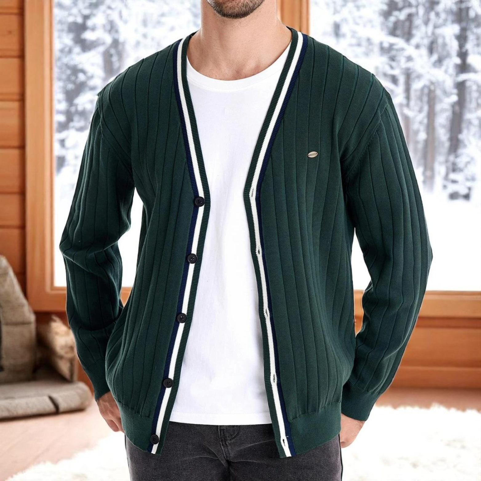 Men's V-Neck Button-Up Cotton Cardigan