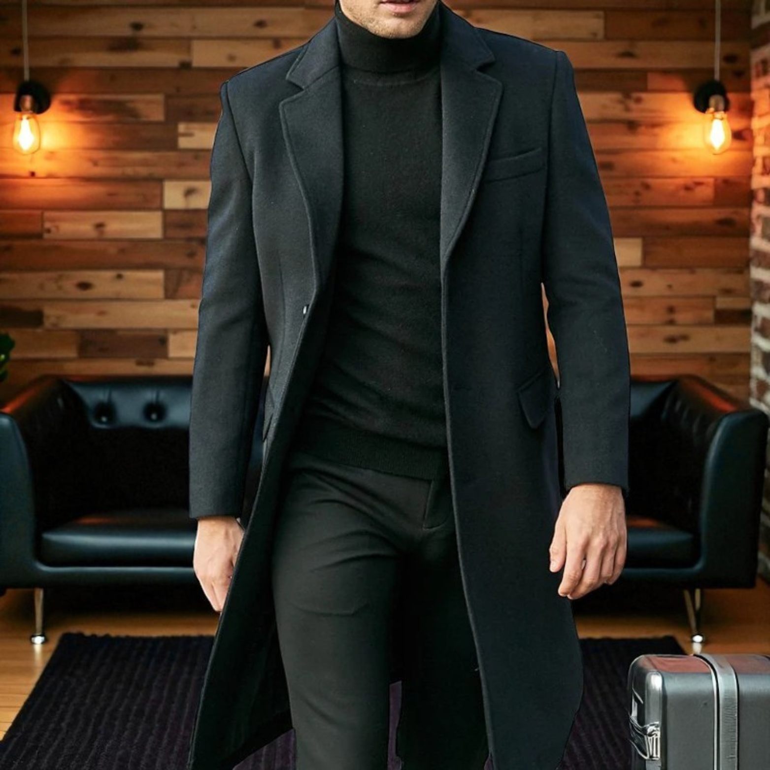 Langer Herren-Trenchcoat im Slim Fit mit Pelzkragen