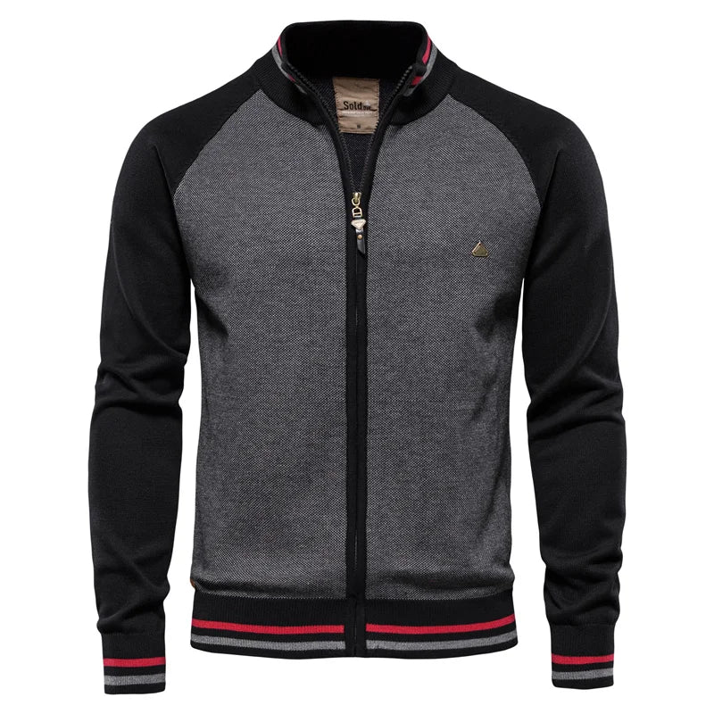 Patchwork Zip Cardigan – Cotton Knit with Full-Length Zipper
