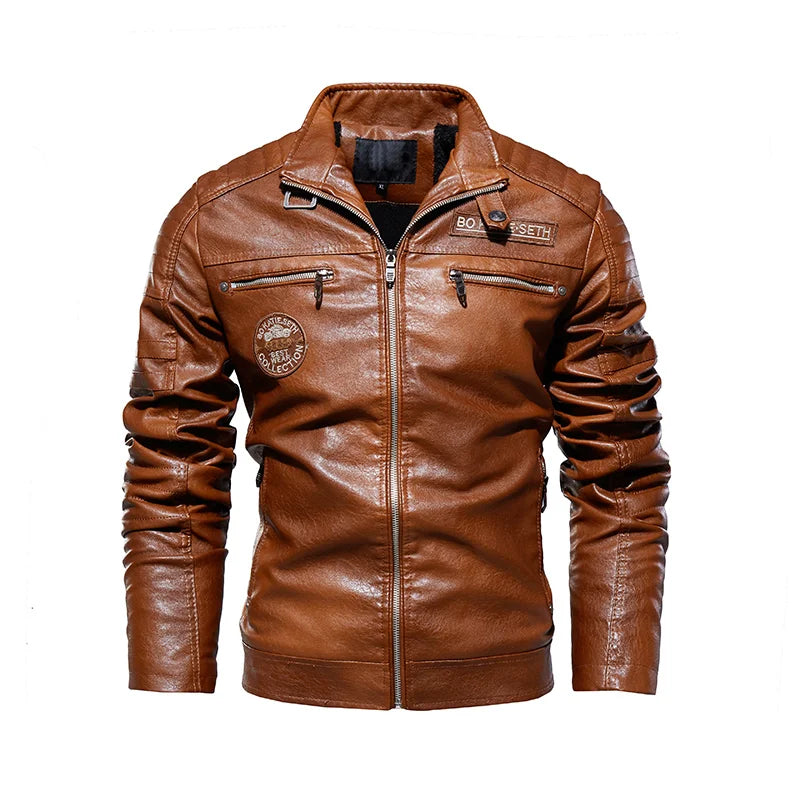 Men's PU Leather Biker Jacket with Removable Fur Collar