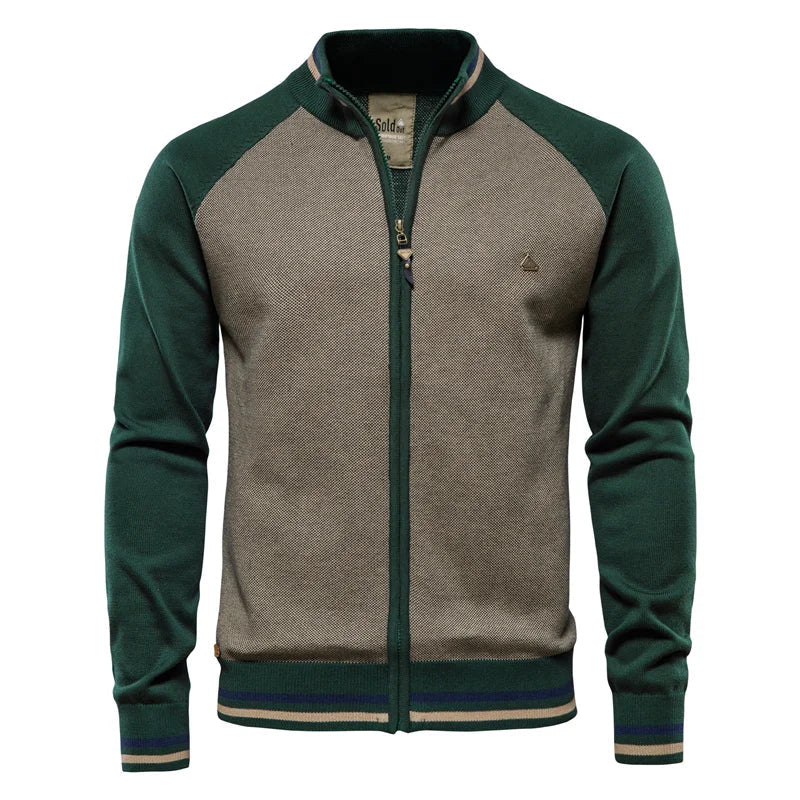 Patchwork Zip Cardigan – Cotton Knit with Full-Length Zipper