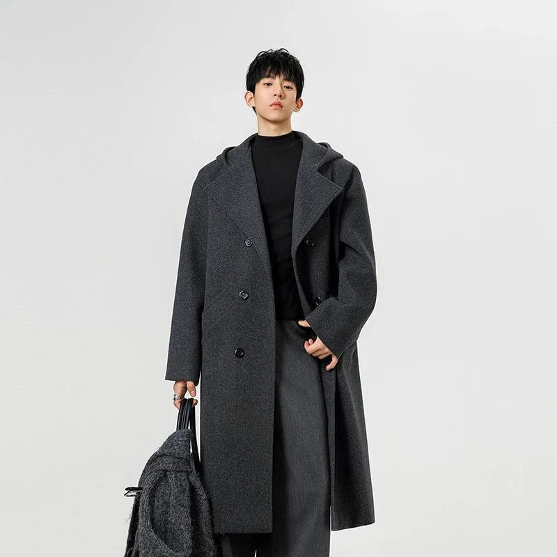 Hooded Double-Breasted Wool Blend Trench Coat