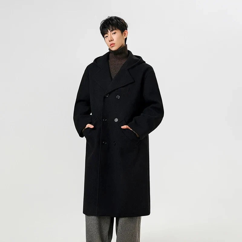 Hooded Double-Breasted Wool Blend Trench Coat