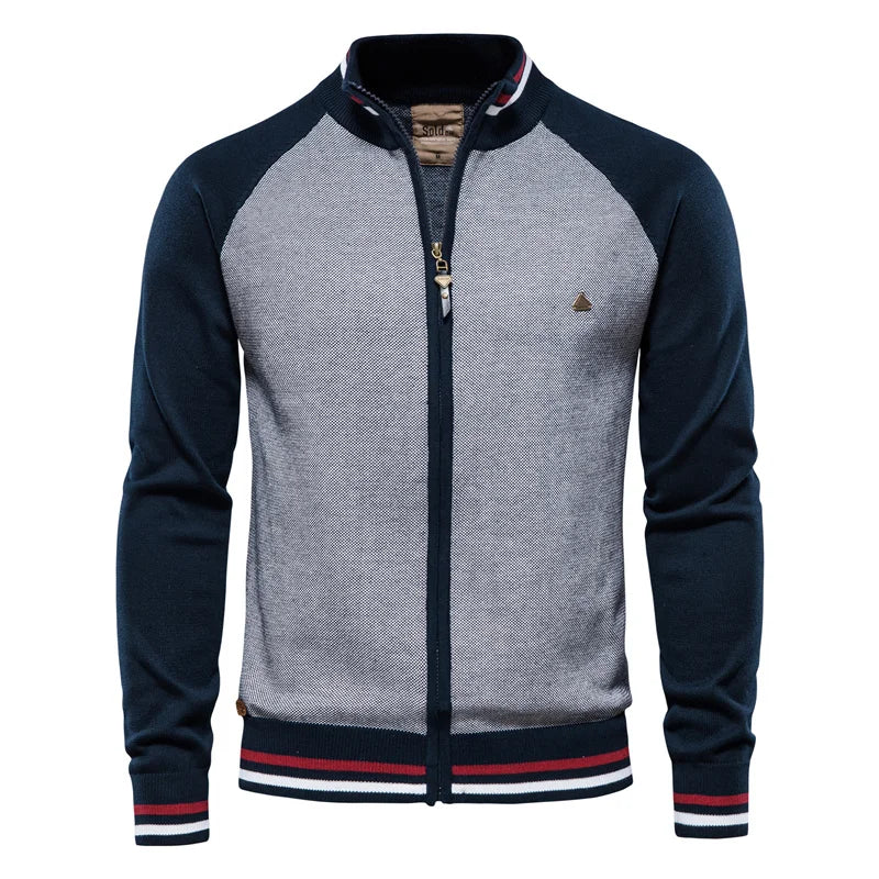 Patchwork Zip Cardigan – Cotton Knit with Full-Length Zipper