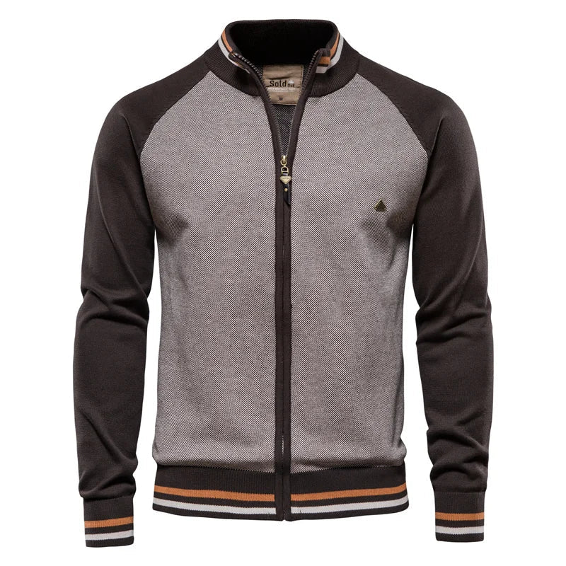 Patchwork Zip Cardigan – Cotton Knit with Full-Length Zipper