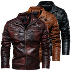 Men's PU Leather Biker Jacket with Removable Fur Collar