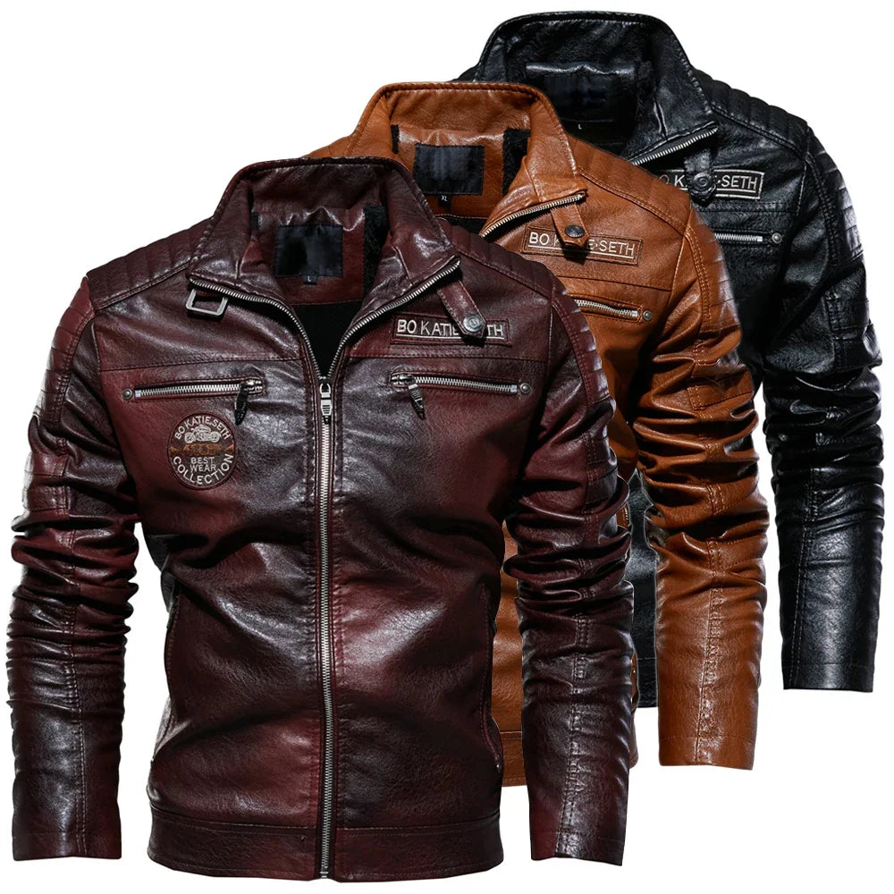 Men's PU Leather Biker Jacket with Removable Fur Collar
