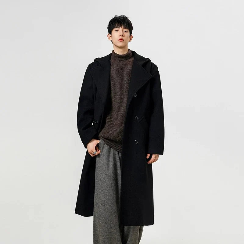 Hooded Double-Breasted Wool Blend Trench Coat