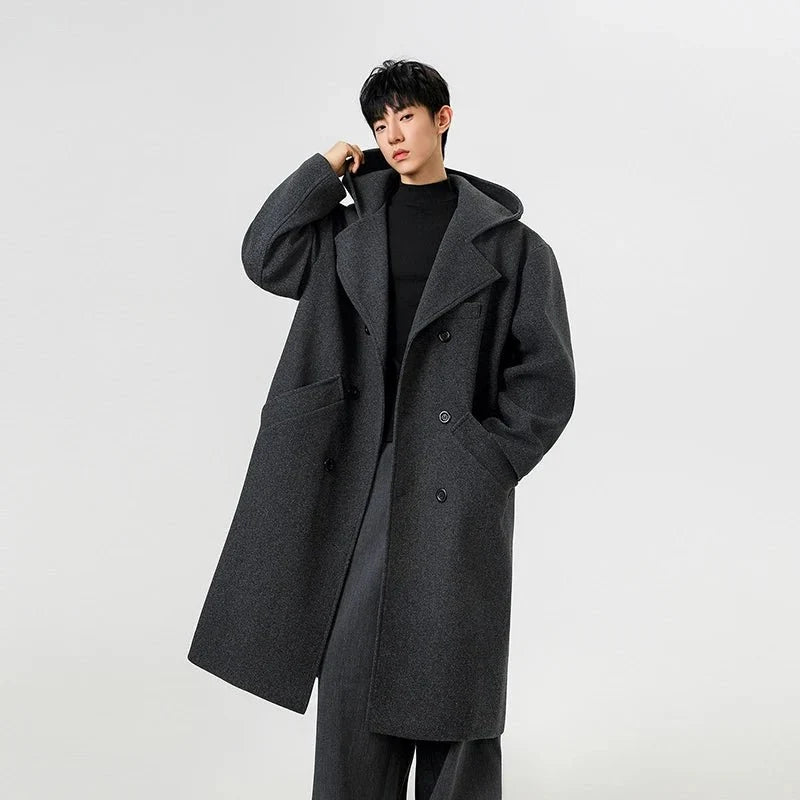 Hooded Double-Breasted Wool Blend Trench Coat