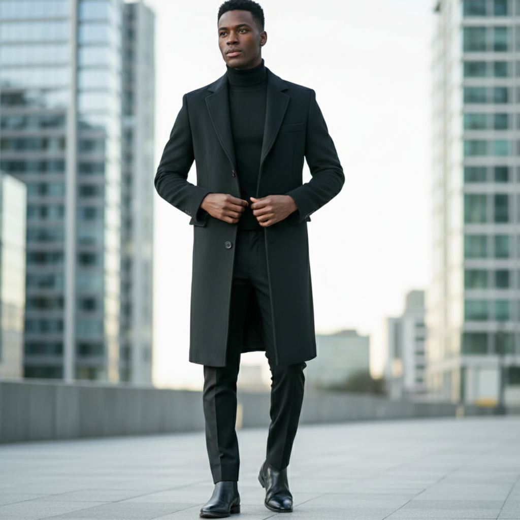Langer Herren-Trenchcoat im Slim Fit mit Pelzkragen