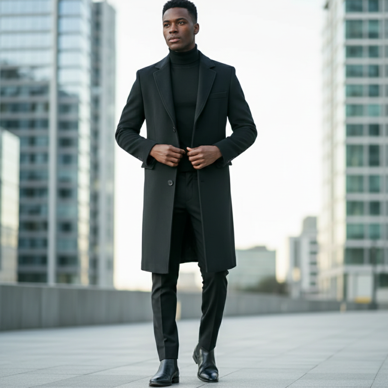 Langer Herren-Trenchcoat im Slim Fit mit Pelzkragen