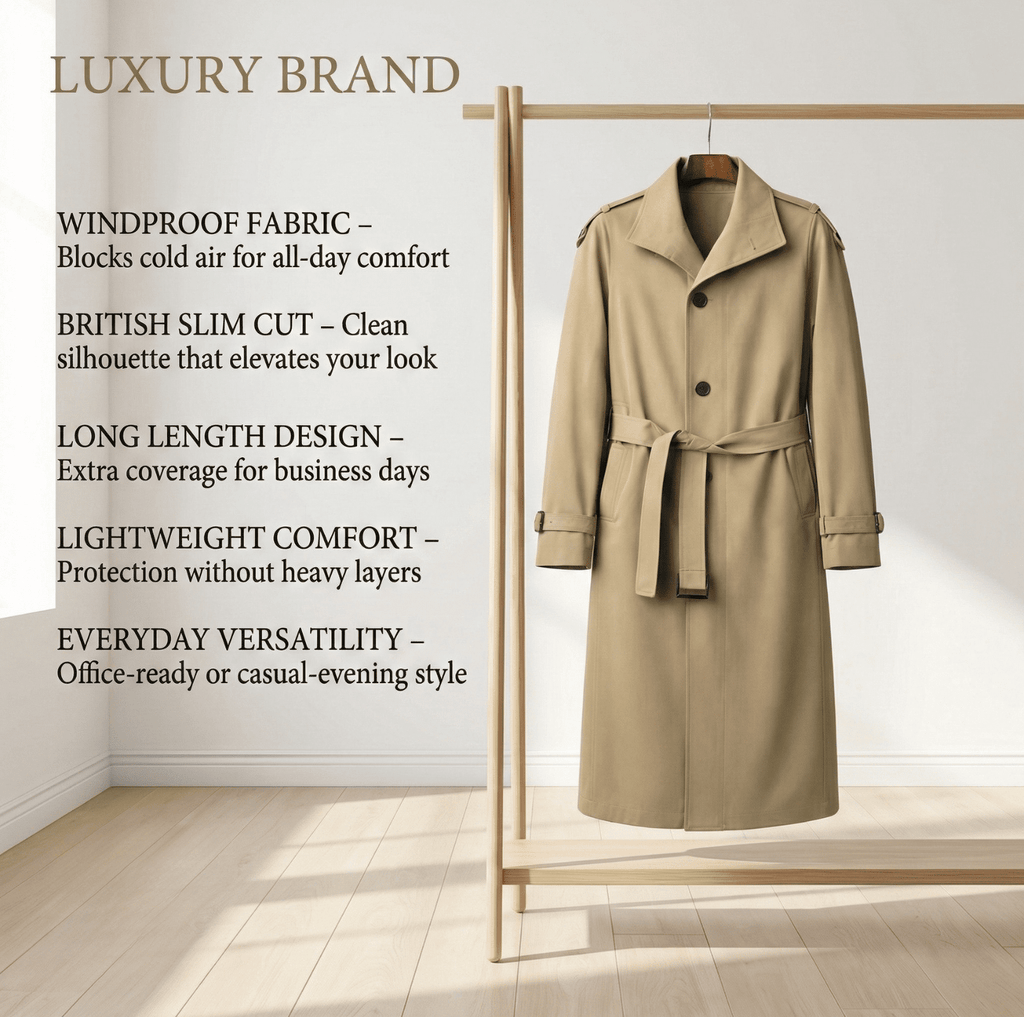 Men's Slim-Fit Windbreaker Trench Coat