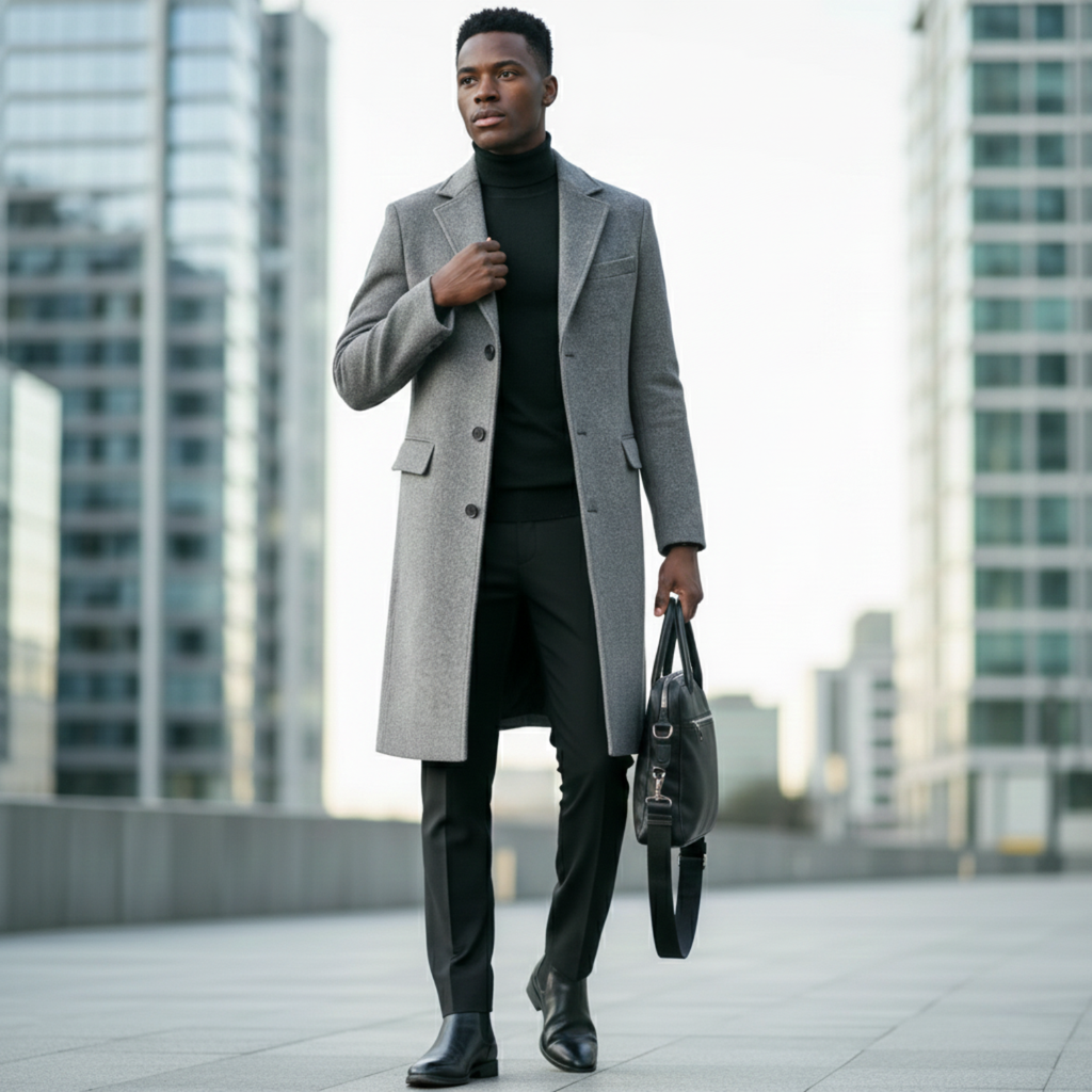 Langer Herren-Trenchcoat im Slim Fit mit Pelzkragen