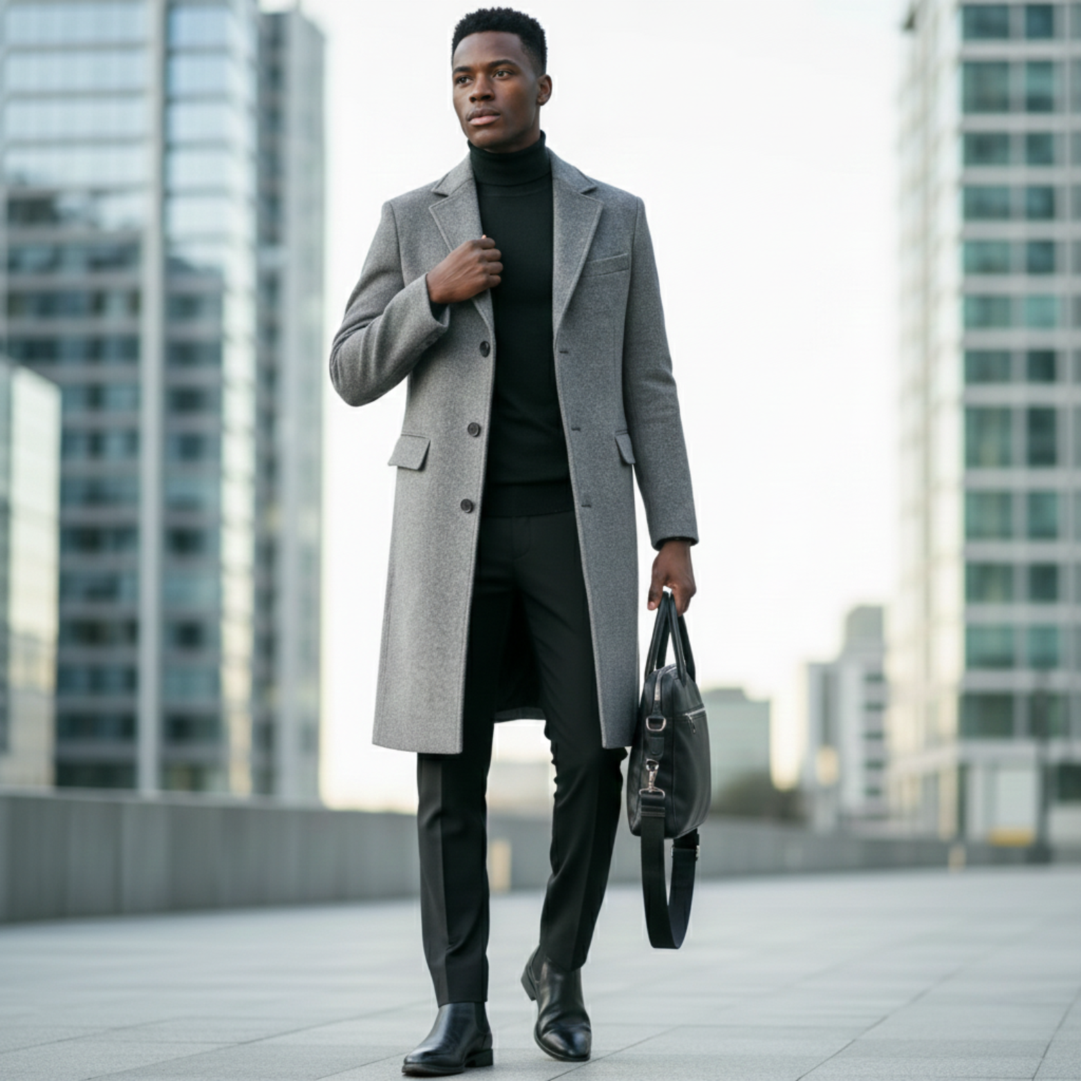 Langer Herren-Trenchcoat im Slim Fit mit Pelzkragen