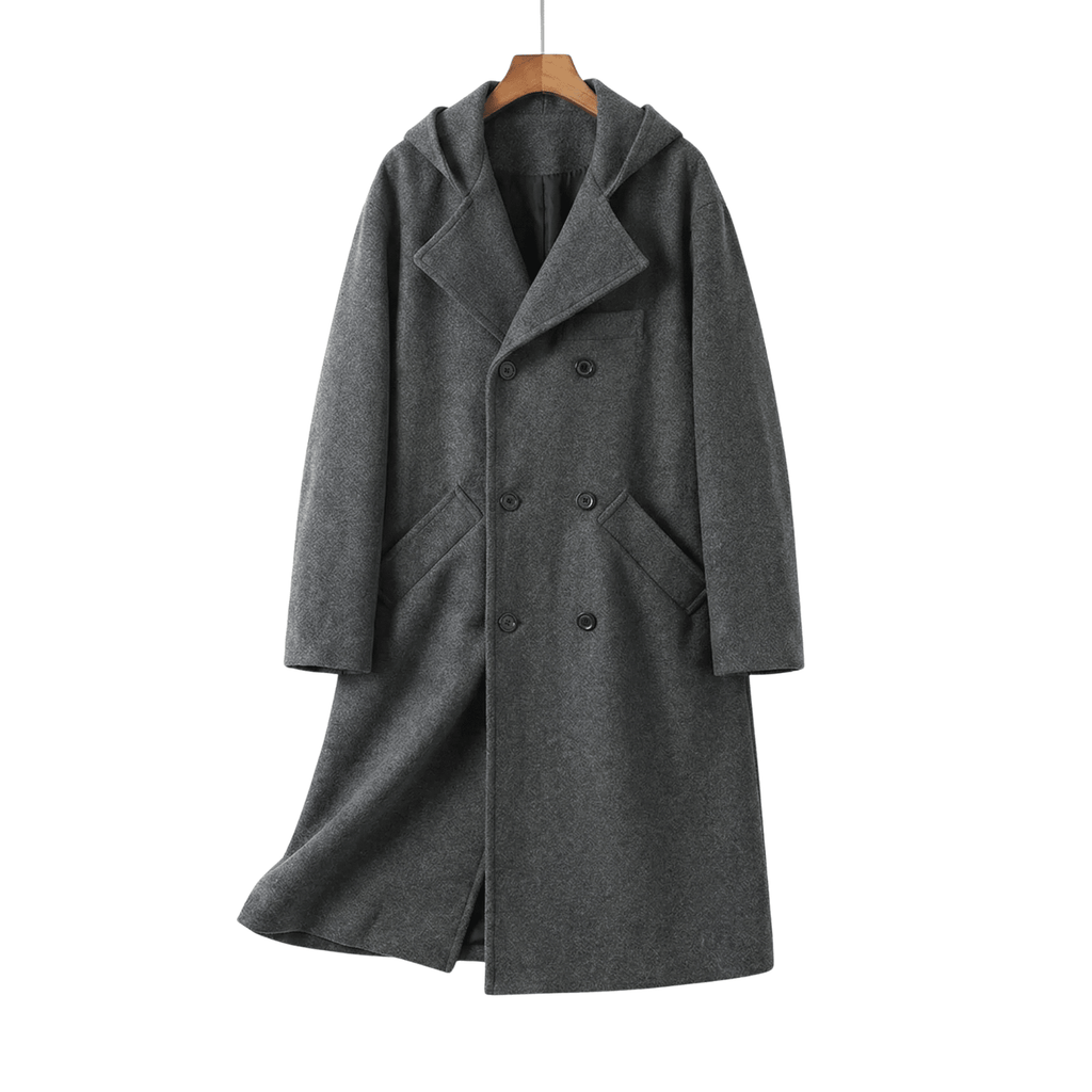 Hooded Double-Breasted Wool Blend Trench Coat