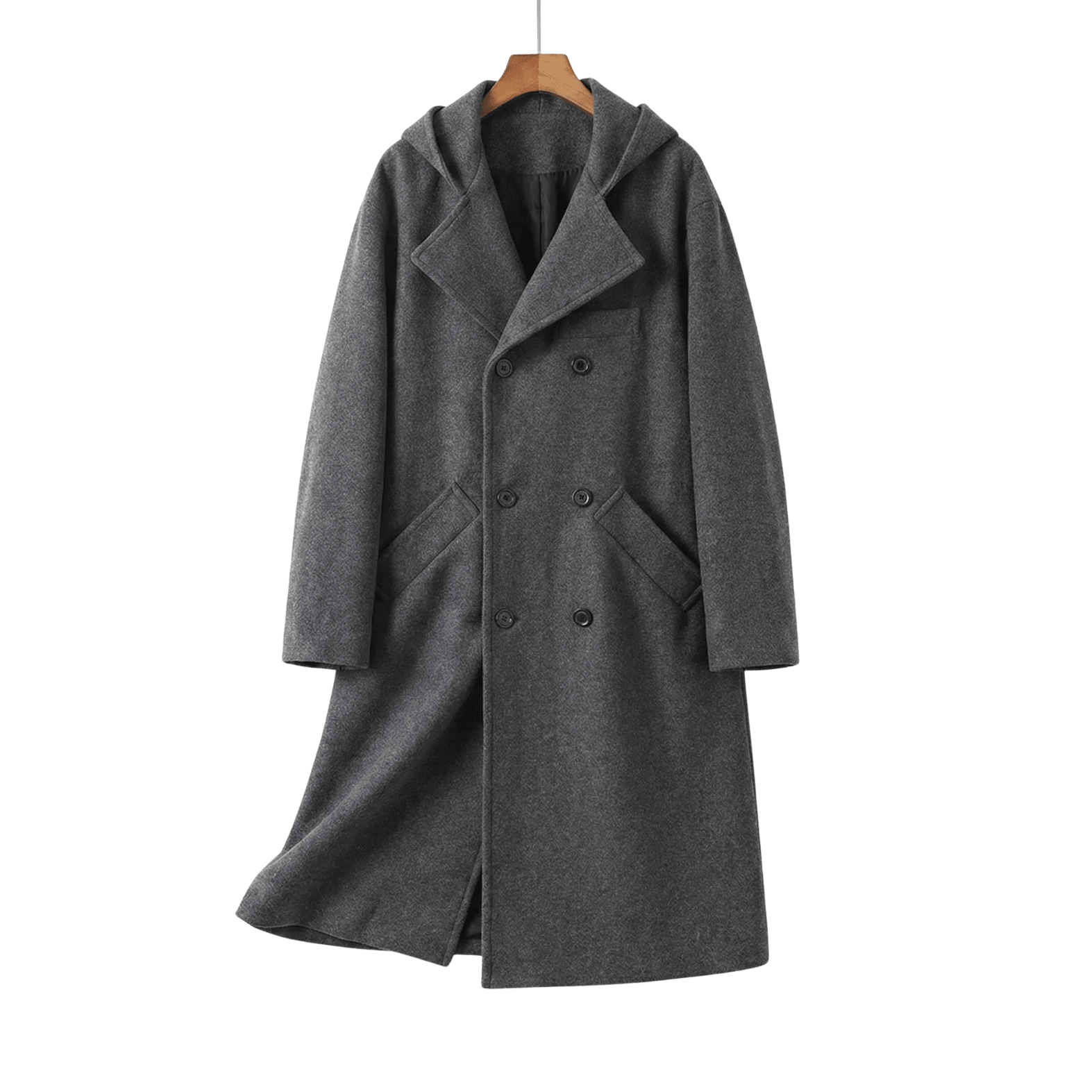 Hooded Double-Breasted Wool Blend Trench Coat
