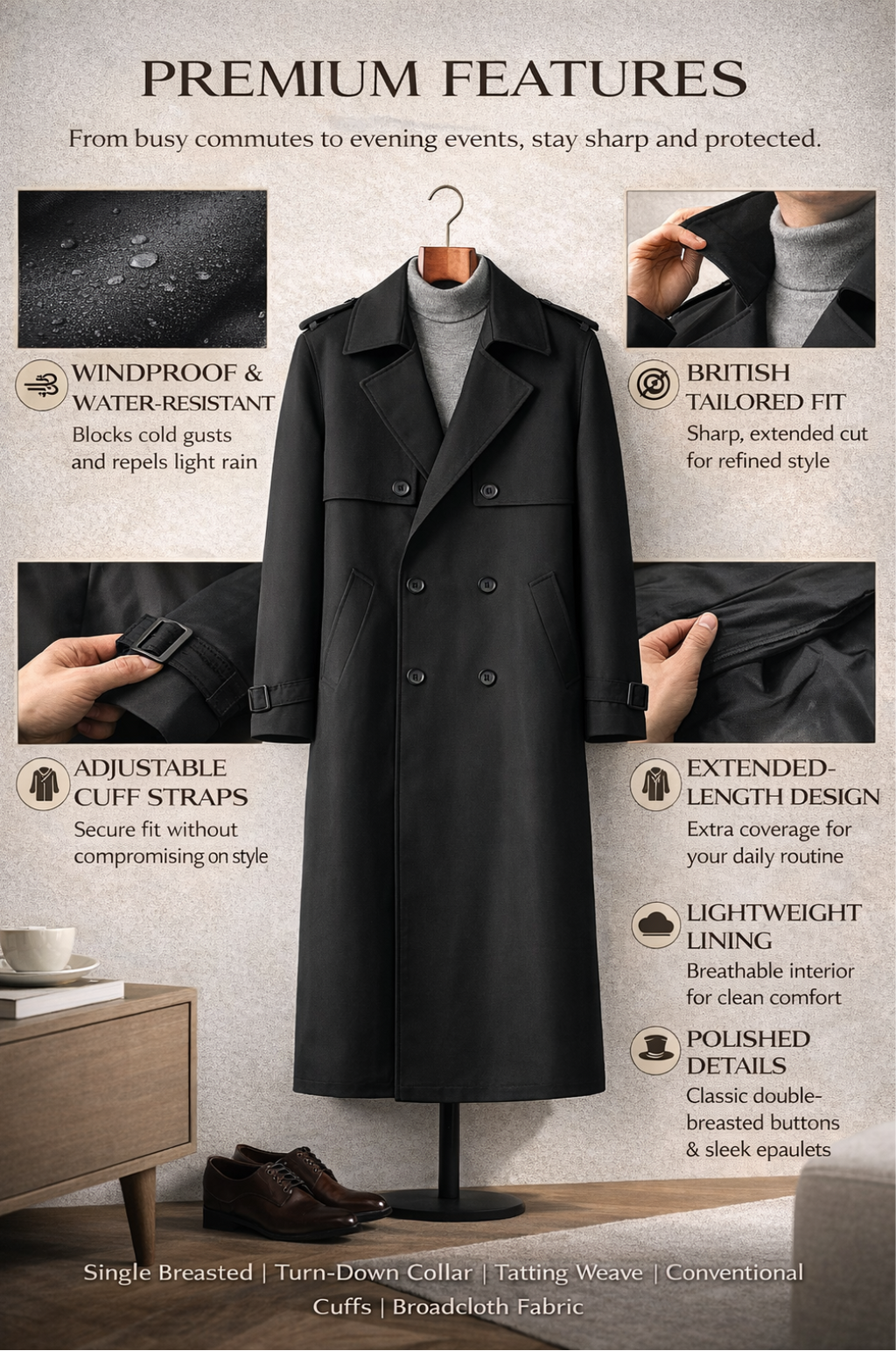 Men's Double-Breasted Trench Coat – Mid-Length Windbreaker