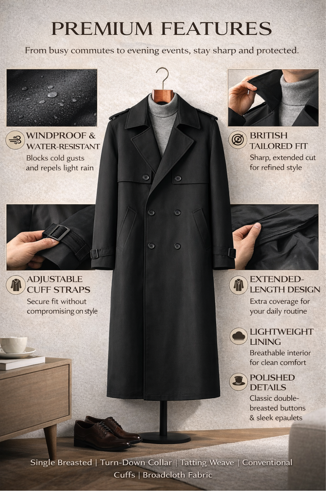 Men's Double-Breasted Trench Coat – Mid-Length Windbreaker