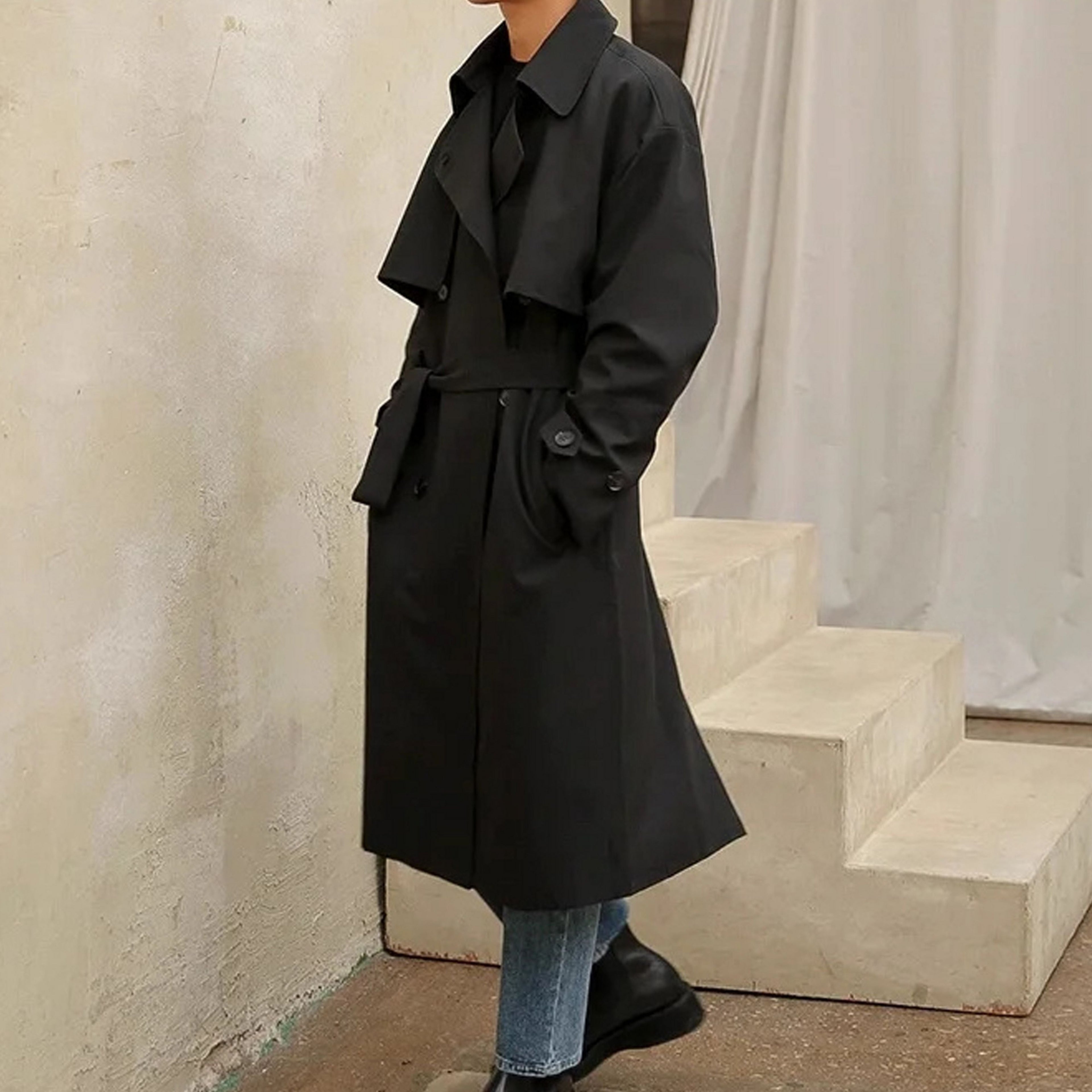 Men's Double-Breasted Trench Coat – Mid-Length Windbreaker